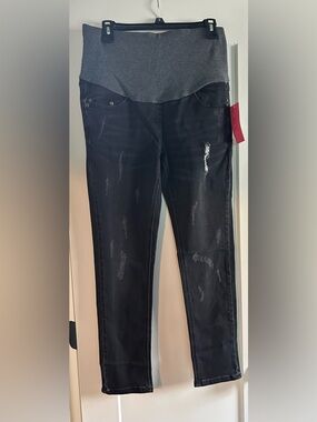 Maternal America Black Maternity Skinny Jeans with Gray Waistband